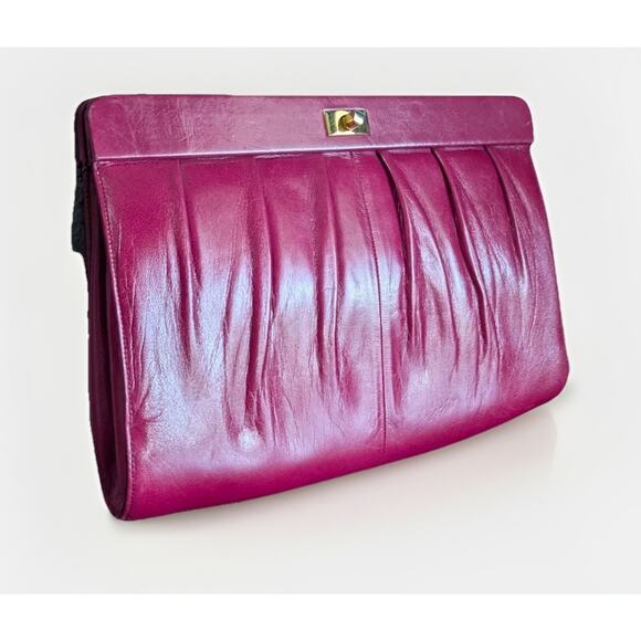Vtg Charles Jourdan Magenta Leather Envelope Bag Clutch Made France Pinch Pleat - Picture 1 of 12
